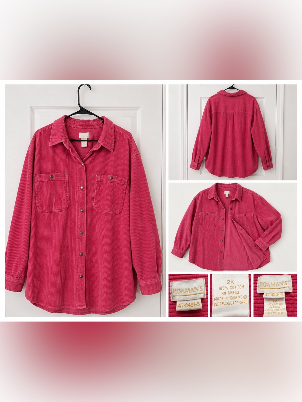Roaman's Rose Pink Corduroy Button Front Shirt